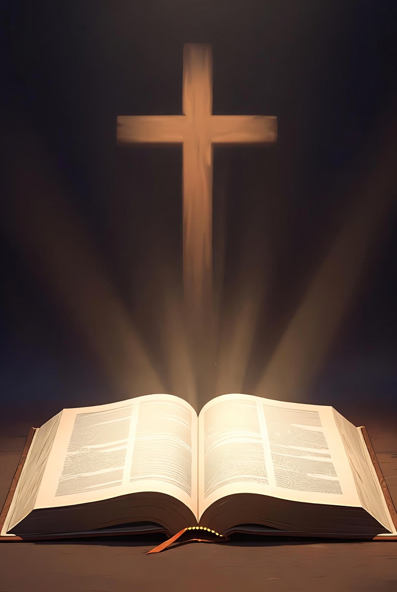 Open Bible with light and a cross