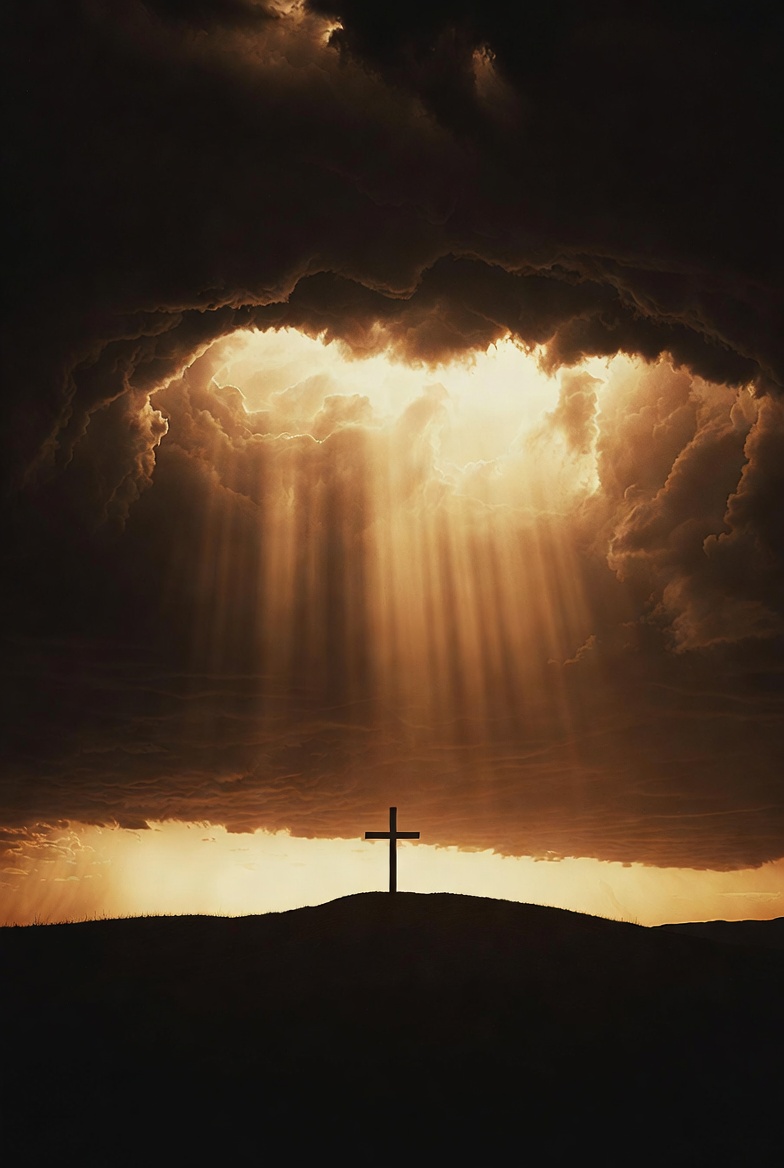 Cross silhouetted against stormy sky with light breaking through